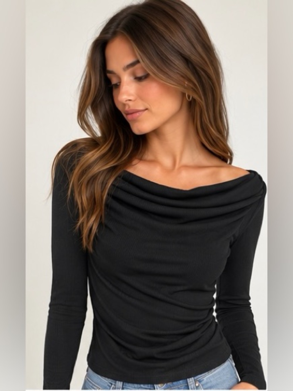 Zesica Black Cowl Neck Ruched Long Sleeve Top Size M NWT